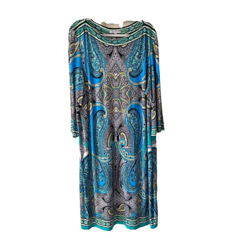 Sandra Darren 24W Stretchy Shades Of Blue Paisley Pattern Midi Dress Boat Neck